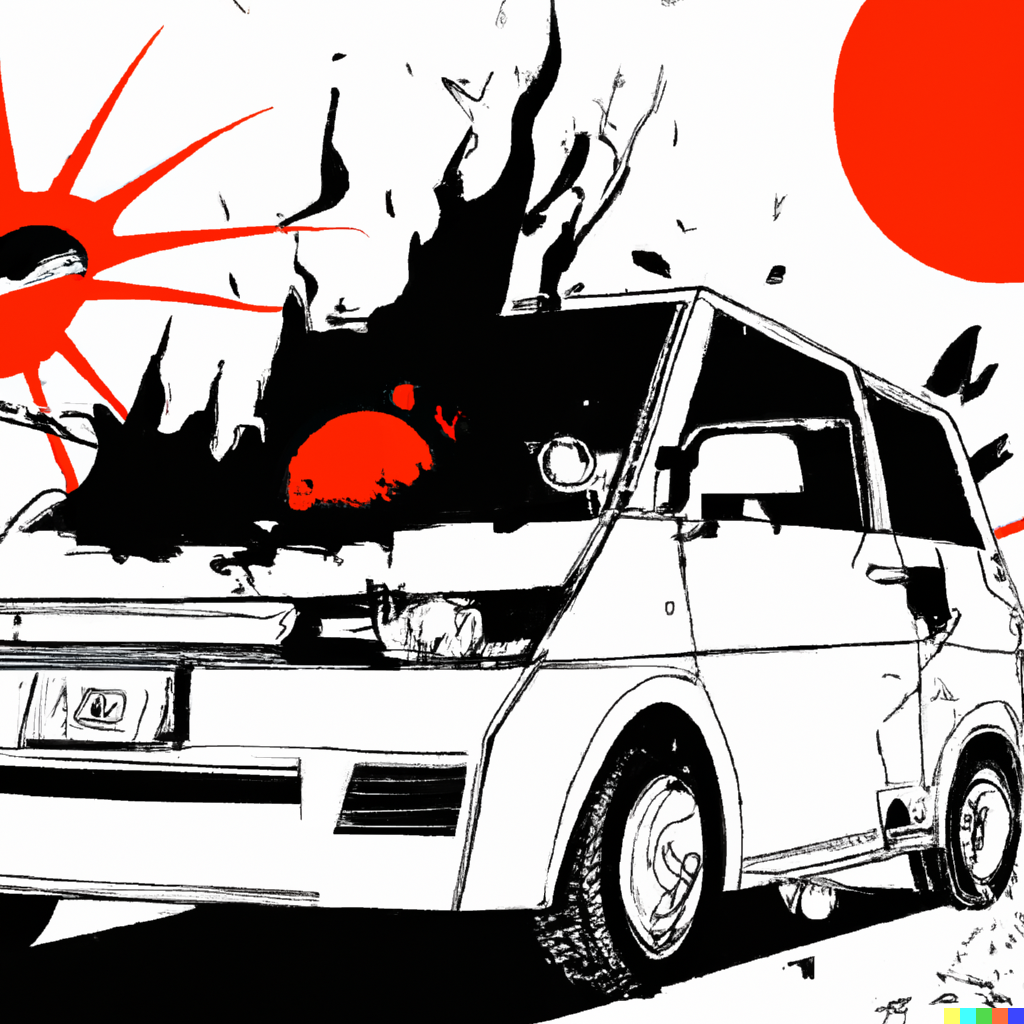 Ilustracje przygotowane zostały automatycznie, przez sztuczną inteligencję, program DALL-E 2. Hasło do wygenerowania obrazka: A manga black, white, red drawing of Extremely hot melting Car left in the extremely hot sun as a symbol of Earth global warming by Katsuhiro Ōtomo