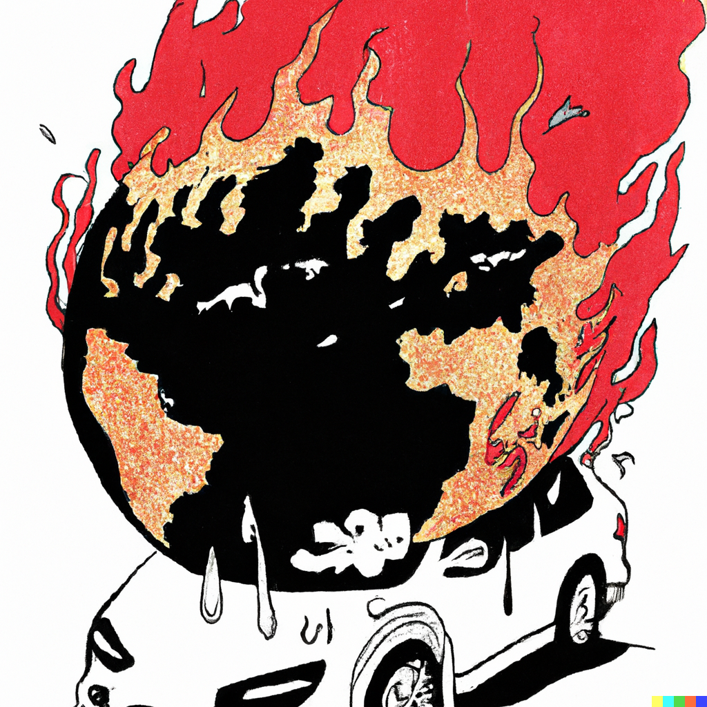 Ilustracje przygotowane zostały automatycznie, przez sztuczną inteligencję, program DALL-E 2. A manga black, white, red drawing of Extremely hot melting Car left in the extremely hot sun as a symbol of Earth global warming by Katsuhiro Ōtomo"