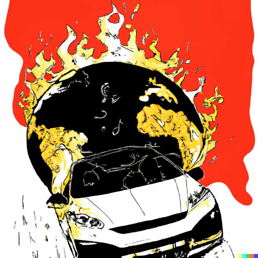 Ilustracje przygotowane zostały automatycznie, przez sztuczną inteligencję, program DALL-E 2. Hasło do wygenerowania obrazka: A manga black, white, red drawing of Extremely hot melting Car left in the extremely hot sun as a symbol of Earth global warming by Katsuhiro Ōtomo