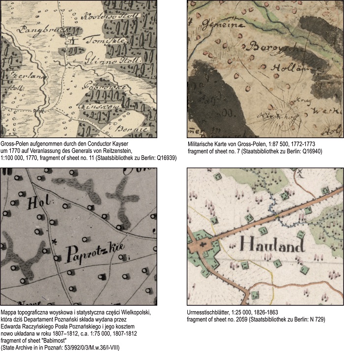 Osady olęderskie na różnych mapach z epoki