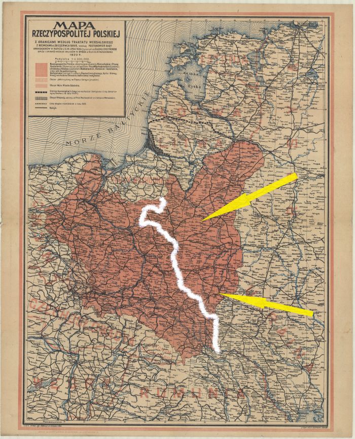 Mapa II RP, na której zaznaczono granicę strefy ochrony przed księgosuszem. Wzdłuż tej linii szczepiono bydło, a pięcioosobowe posterunki rozmieszczone co 5-10 km pilnowały m.in., by przez tę granicę nie pędzono zwierząt. Źródło: J. Boratyński 