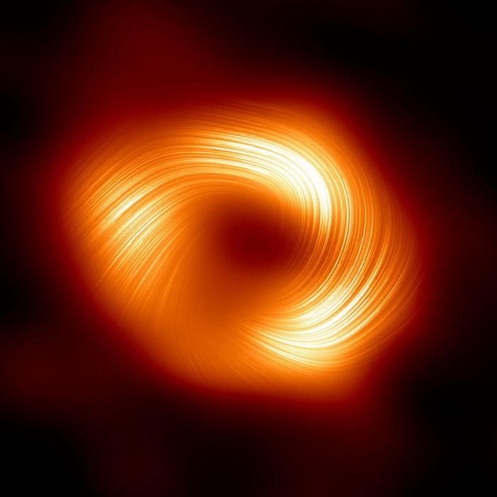 Widok supermasywnej czarnej dziury w Drodze Mlecznej w świetle spolaryzowanym. Liniami zaznaczono kierunek polaryzacji, który jest związany z polem magnetycznym w pobliżu czarnej dziury. Źródło: EHT Collaboration.