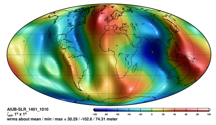 Przebieg wysokości geoidy ziemskiej wyznaczony z wykorzystaniem laserowych pomiarów odległości do satelitów geodezyjnych. Oryginalne źródło: Sośnica, K., Jäggi, A., Meyer, U. et al. Time variable Earth’s gravity field from SLR satellites. J Geod 89, 945–960 (2015). https://doi.org/10.1007/s00190-015-0825-1 Model do pobrania z serwisu: http://icgem.gfz-potsdam.de/ 