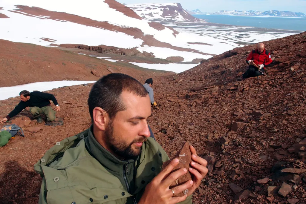 Naukowiec prezentuje skamielinę w miejscu odkrycia we wschodniej Grenlandii, fot.  Andrzej S. Wolniewicz