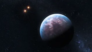 Artistic impression of an extrasolar planet in a binary star system. Source: Źródło: ESO/L. Calçada.