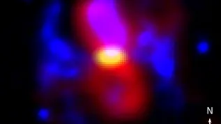 CK Vul is now surrounded by a dust torus (yellow), cold molecular gas (red) and nuclear hot gas (blue). Photo by Tomasz Kamiński