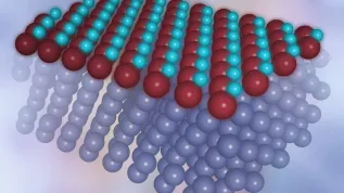 Computer visualization of a single layer of a new form of iron oxide on a platinum substrate. Iron atoms in brown, oxygen atoms in light blue. (Source: Institute of Nuclear Physics PAS)