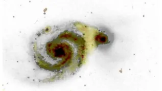 This image shows the Whirlpool Galaxy (M51). It is 15-35 million light years from Earth and around 60,000 light years in diameter. At the centre of the spiral galaxy there sits a supermassive black hole. With the LOFAR data (yellow and red hues), we can see that the spiral galaxy and its companion are interacting because there is a bridge of emission joining them. Source: Sean Mooney/LOFAR Surveys Team/Digitized Sky Survey