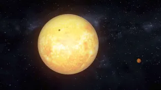Artist's vision of the planetary system WASP-84. The super-Earth discovered by the Toruń astronomers is a dark dot visible against the background of the star's disc, captured during a transit phenomenon. The brownish globe visible in the distance is the previously known hot Jupiter. iFot. Press release / portal.umk.pl