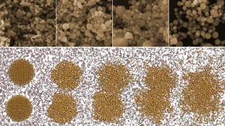 Kolejne fazy aglomeracji nanocząstek miedzi i jej tlenków, zachodzące w pierwszych 200 pikosekundach laserowego stapiania: u góry na zdjęciach mikroskopowych (pow. 50000x), na dole w symulacji komputerowej. Źródło: IFJ PAN