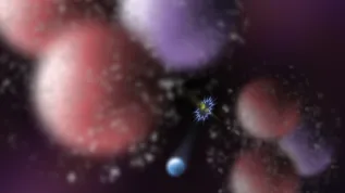 Bozon Higgsa (kolor niebieski) może powstać wskutek interakcji gluonów (żółty) podczas zderzeń protonów. Protony składają się z dwóch kwarków górnych (czerwony) i jednego dolnego (fioletowy), wiązanych przez gluony tak silnie, że w tworzącym się morzu cząstek wirtualnych (szary) mogą się pojawiać bardziej masywne kwarki i antykwarki, na przykład piękne, których obecność także wpływa na proces narodzin bozonów Higgsa. (Źródło: IFJ PAN)
