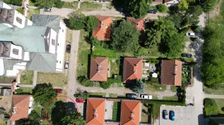 Aerial view of the monastery complex in Bielany. The red circle marks the research area, the only undeveloped place. Credit: F. Welc.