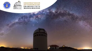 Grafika 42. Zjazdu Polskiego Towarzystwa Astronomicznego. W tle zdjęcie 1,3-metrowego teleskopu w Chile, należącego do Obserwatorium Astronomicznego Uniwersytetu Warszawskiego, które jest gospodarzem konferencji i obchodzi 200. rocznicę powstania. Źródło: PTA / OA UW.