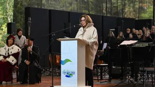 01.10.2025. Marszałek Senatu Małgorzata Kidawa-Błońska podczas uroczystej inauguracji roku akademickiego Uczelni Szczecina 2025/2026, 1 bm. w Szczecinie. PAP/Marcin Bielecki
