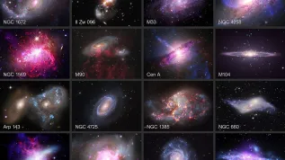 Galeria 16 galaktyk utworzona z danych z Obserwatorium Rentgenowskiego Chandra, nałożonych na dane z innych teleskopów. Źródło: NASA/CXC/SAO.