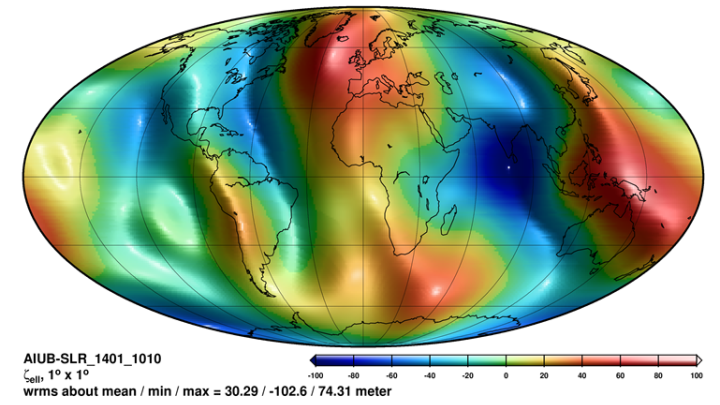 Geoid-height change determined with laser measurements of distance to SLR satellites. Original source: Sośnica, K., Jäggi, A., Meyer, U. et al. Time variable Earth’s gravity field from SLR satellites. J Geod 89, 945–960 (2015). https://doi.org/10.1007/s00190-015-0825-1 Download model: http://icgem.gfz-potsdam.de/