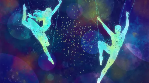  Artistic imagery about the famous Bell experiments, with ballet dancers personifying experimental arrangements in space-time separated labs. The strings of ones and zeros allude to the violation of free choice while the cloud in-between refers to the lack of locality.  (Source: IFJ PAN / Iwona Michniewska)