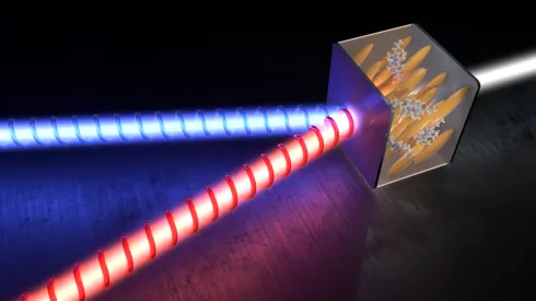 New, tuneable microlaser emitting two beams. The beams are circularly polarized and directed at different angles (Credit: Mateusz Król, Faculty of Physics of the University of Warsaw)