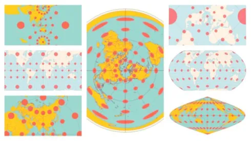 Distortions in different projections. On a 'perfect map', circles - covering the same areas - would be the same size and shape in every place on the map. Source: collage of maps shared on Wikipedia