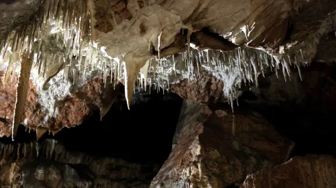 30.04.2021. Wapienna jaskinia krasowa Raj w Chęcinach (woj. świętokrzyskie), jedno ze stanowisk Geoparku Świętokrzyskiego, 30 bm. Jaskinia powstała prawdopodobnie około 360 mln lat temu. PAP/Piotr Polak