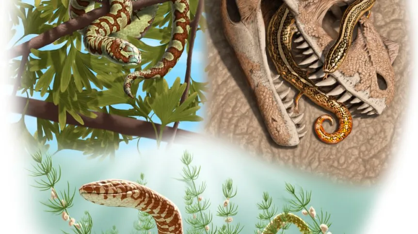 Graficzna rekonstrukcja trzech węży z jury I kredy. Strona lewa, góra: Portugalophis lignites z Portugalii; strona prawa, góra: Diablophis gilmorei z Kolorado; dół: Parviraptor estesi z Anglii. Fot: Julius Csotonyi