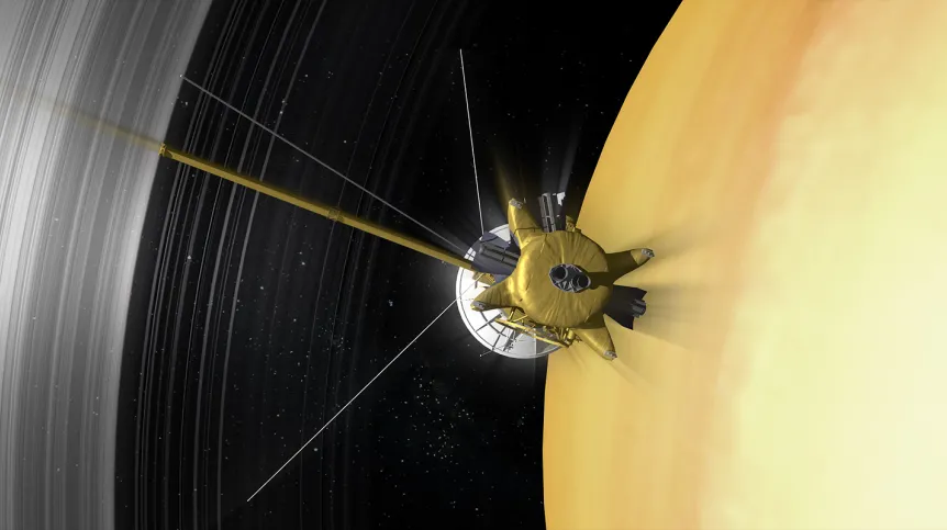 Artystyczna wizja sondy Cassini na orbicie wokół Saturna. Źródło: NASA.