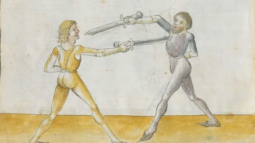 Przykładowa rycina z jednego z lepiej zbadanych średniowiecznych podręczników szermierki znanego jako "Kunst des Messerfechtens" Hansa Lecküchnera (Cgm 582) z 1482 roku. Bayerische Staatsbibliothek - Creative Commons Attribution-NonCommercial-ShareAlike License 4.0