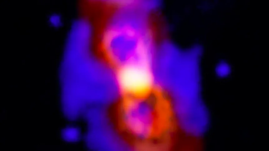 Composite image of CK Vulpeculae, the remains of a double-star collision. ALMA (ESO/NAOJ/NRAO), T. Kamiński; Gemini, NOAO/AURA/NSF; NRAO/AUI/NSF, B. Saxton