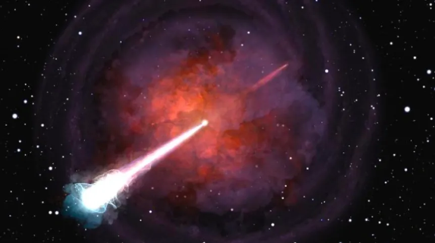 Artist's impression shows two neutron stars merging with a jet bursting through. (Beabudai Design)