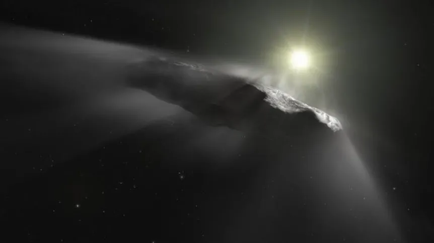 Artist's vision of the object 'Oumuamua that flew to the Solar System from the interstellar space. Credit: ESA / Hubble, NASA, ESO, M. Kornmesser