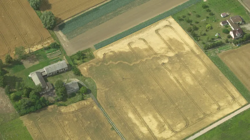 Relikty okopów widoczne w postaci linii falistej przebiegającej od zabudowań po lewej stronie do zabudowań widocznych po prawej stronie zdjęcia, sfotografowane w okolicach Grudziądza, fot. F. Wałdoch