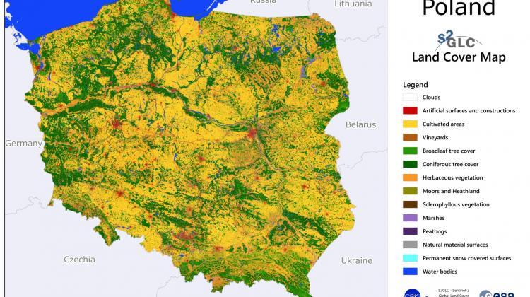 Map of land cover in Poland developed as part of the S2GLC project. Fig. Space Research Centre PAS