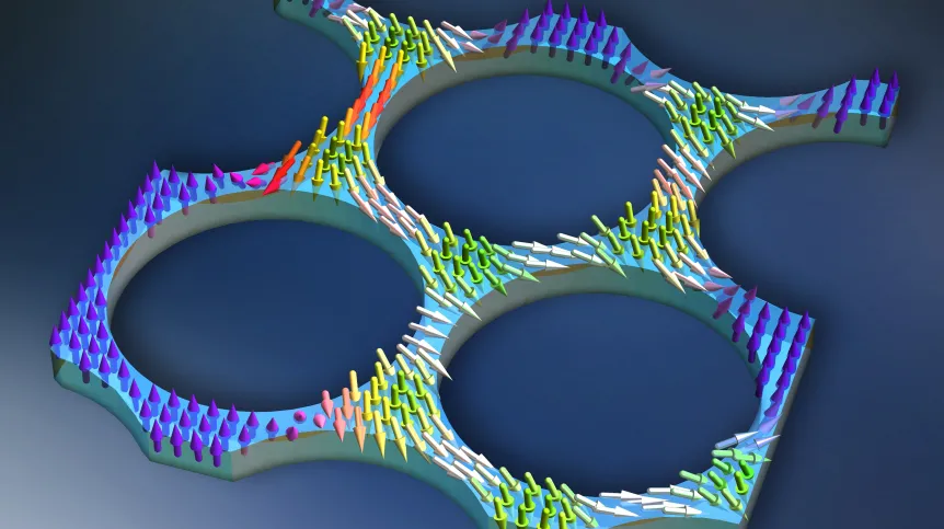 Magnetic bubbles, i.e. places with the same magnetization, are formed on “triangular” islands (green arrows) between holes in the magnonic crystal. Researchers from the Institute of Nuclear Physics of the Polish Academy of Sciences in Cracow have built a model that for the first time allows for the precise prediction of changes in magnetization of such bubbles. (Source: IFJ PAN)