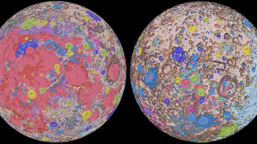Ujednolicona mapa geologiczna Księżyca w rzucie ortograficznym. Po lewej jest strona Księżyca widoczna z Ziemi, a po prawej przeciwna strona. Źródło: NASA/GSFC/USGS.