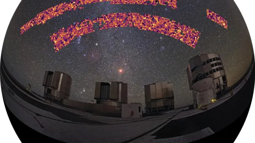 A map from the KiDS survey projected onto the sky shows 'ripples' in the distribution of matter in the far Universe, imaged by gravitational lensing. The smallest visible spots are approximately 30 million light years in size. In the foreground is the Paranal Observatory, home to the VLT Survey Telescope. Credit: B. Giblin, K. Kuijken and the KiDS team. Foreground panorama: ESO/Y.Beletsky CC BY 4.0.