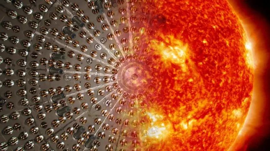 Artist's concept of the Borexino detector merged with the Sun. Credit: Maxim Gromov, Borexino Collaboration