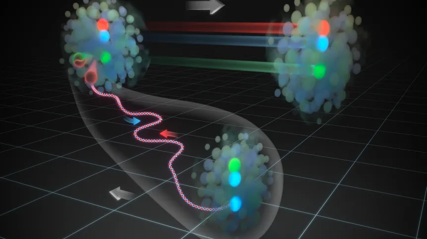 When a proton collides with a proton, the gluon emitted by one of the valence quarks can interact with a virtual quark from the the quark-antiquark pair inside the other proton. According to the GEM model, the result of such an interaction will be a fast proton with an intact structure of valence quarks, and other particles created in processes taking place in the interaction region (outlined in white). (Source: IFJ PAN / Dual Color)