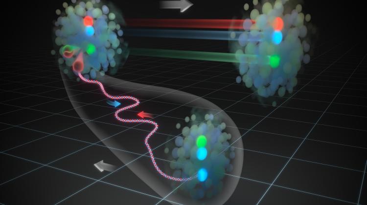 When a proton collides with a proton, the gluon emitted by one of the valence quarks can interact with a virtual quark from the the quark-antiquark pair inside the other proton. According to the GEM model, the result of such an interaction will be a fast proton with an intact structure of valence quarks, and other particles created in processes taking place in the interaction region (outlined in white). (Source: IFJ PAN / Dual Color)