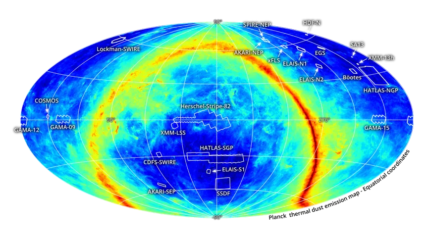 Sky map with areas covered by the HELP survey marked, credit: http://herschel.sussex.ac.uk/