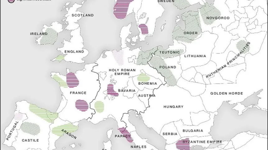 BDP-determined regional scenarios of Black Death demographic impact. Colours reflect centennial-scale changes in the cereal pollen indicators over the centuries. Background map with political borders of fourteenth-century Europe. Credit: Hans Sell, Michelle O’Reilly, Adam Izdebski