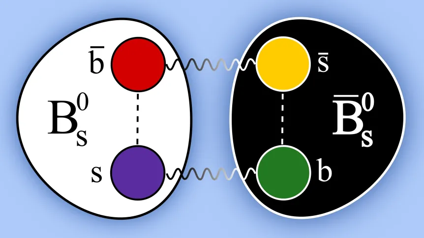 Mezony Bs0 oscylują między postacią materialną, zbudowaną z kwarka dziwnego s i antykwarka pięknego b bar, a postacią antymaterialną, złożoną z kwarka pięknego b oraz antykwarka dziwnego s bar. Źródło: IFJ PAN