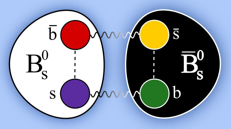 The Bs0 mesons oscillate between the material form composed of the strange quark s and the beautiful antiquark b bar, and the antimatterial form composed of the beautiful quark b and the strange antiquark s bar. (Source: IFJ PAN)