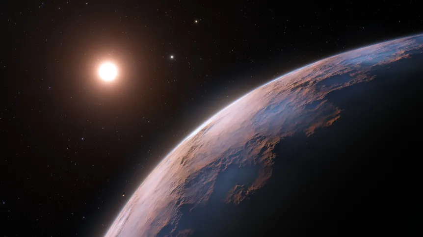 Artystyczne wyobrażenie pokazujące bliski widok na Proximę d, planetę niedawno odkrytą na orbicie wokół czerwonego karła Proxima Centauri, najbliższej gwiazdy względem Układu Słonecznego. Źródło: ESO/L. Calçada.