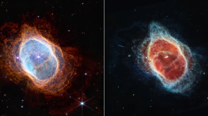 Mgławica Pierścień Południowy sfotografowana przez Kosmiczny Teleskop Jamesa Webba. Źródło: NASA, ESA, CSA, STScI.