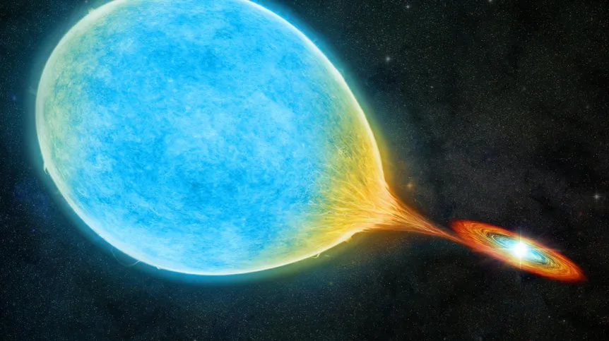 An artist's illustration shows a white dwarf (right) circling a larger, Sun-like star (left) in an ultra-short orbit, forming a cataclysmic binary system. Image credit: M. Weiss/Harvard & Smithsonian's Center for Astrophysics.