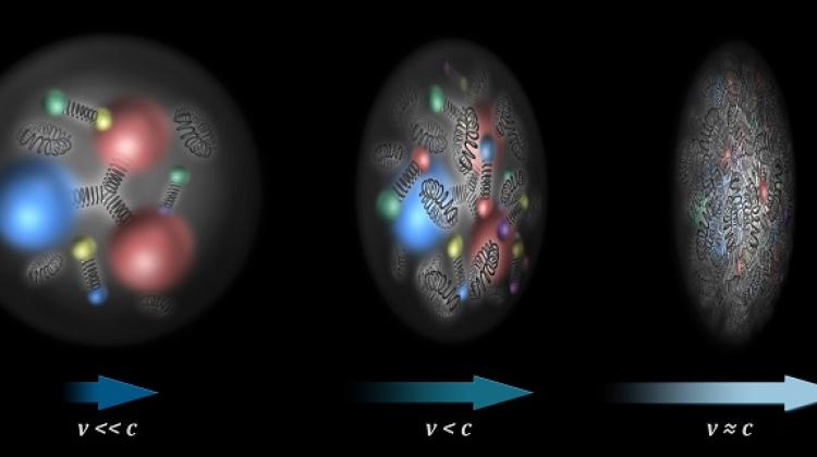 Gdy zwiększa się energia zderzeń, w protonach i neutronach gwałtownie rośnie gęstość gluonów, tu przedstawionych jako sprężynki oddziałujące między kwarkami kowalencyjnymi (duże kulki), kwarkami wirtualnymi (małe kulki) i samymi sobą. Wg hipotezy, kondensat kolorowego szkła powstaje, gdy gęstość gluonów osiągnie wartość maksymalną. (Źródło: NCBJ)