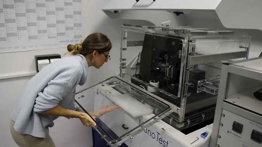 Preparations for nanomechanical tests with NanoTest Vantage after ion implantation at the National Centre for Nuclear Research in Świerk. (Source: National Centre for Nuclear Research)