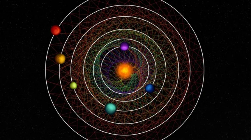 The six planets of the HD110067 system form an interesting geometric pattern resulting from their resonance. Source: © CC BY-NC-SA 4.0, Thibaut Roger/NCCR PlanetS