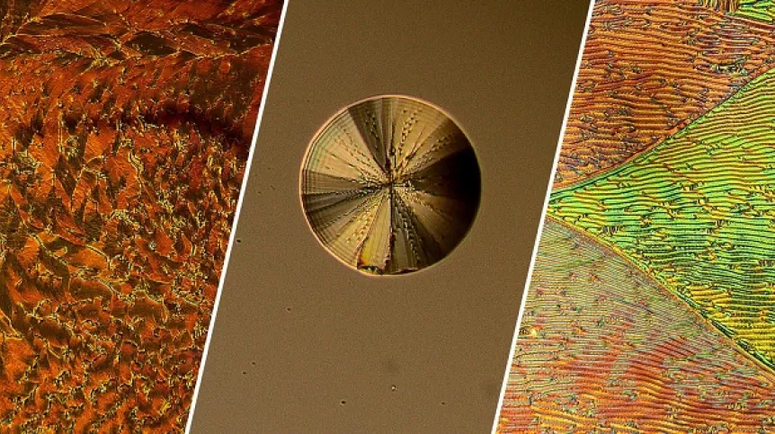 Examples of textures of the new liquid crystal phase: a) disordered material between two glasses, b) a drop of material suspended on a glycerine substrate, c) domain texture of the newly discovered phase (image from a polarizing microscope). Source: WAT/UW