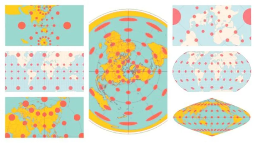 Distortions in different projections. On a 'perfect map', circles - covering the same areas - would be the same size and shape in every place on the map. Source: collage of maps shared on Wikipedia